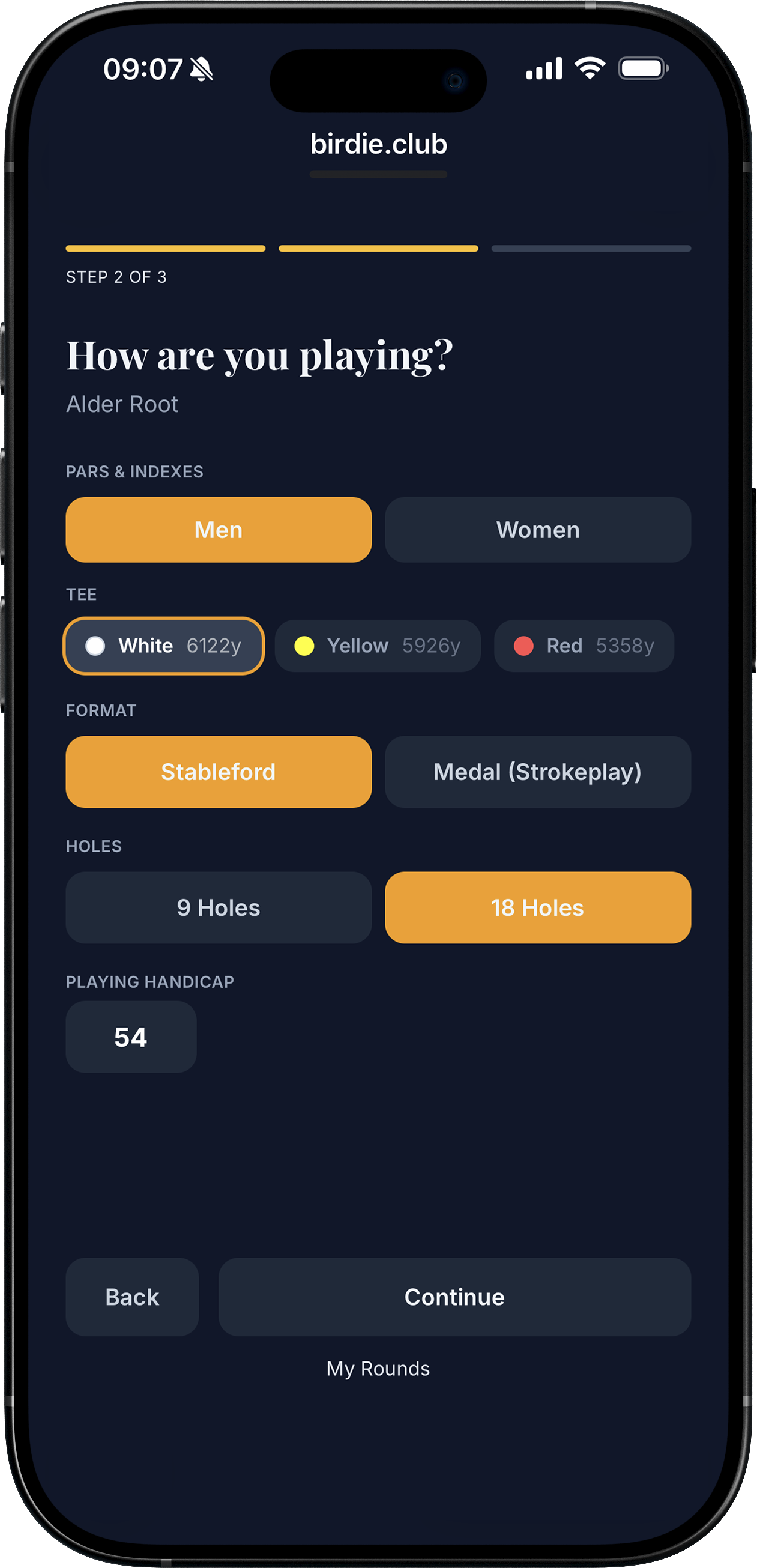 Choose tees, format and handicap